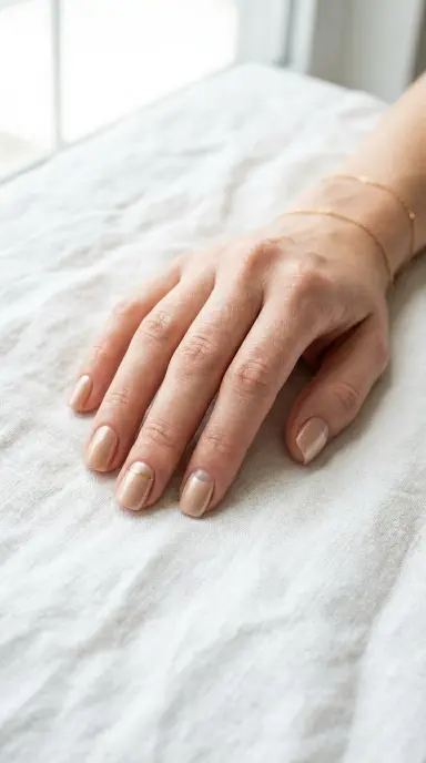 A clean editorial photograph of a woman's hand with short squoval nails featuring barely there minimalist nail art
