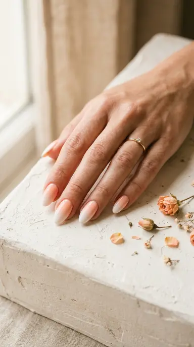 A close up beauty photograph of a woman's hand with medium almond shaped nails featuring a seamless ombre gradient