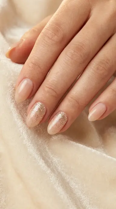 A close up beauty photograph of a woman's hand with short almond nails painted in a sheer nude base