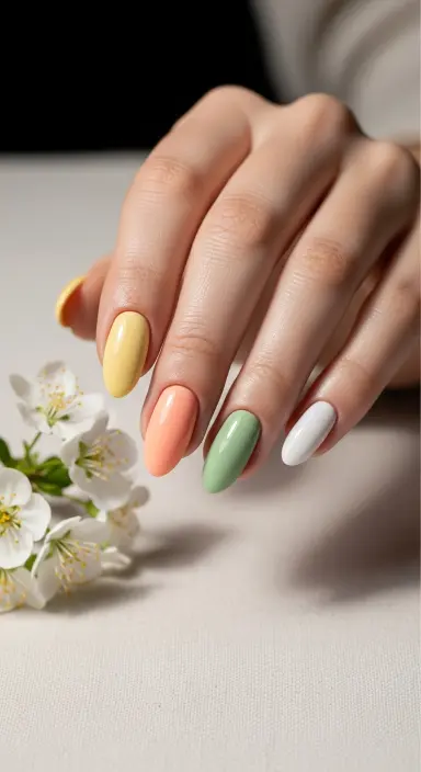 A close up editorial photograph of a woman's hand with elegant short almond shaped nails
