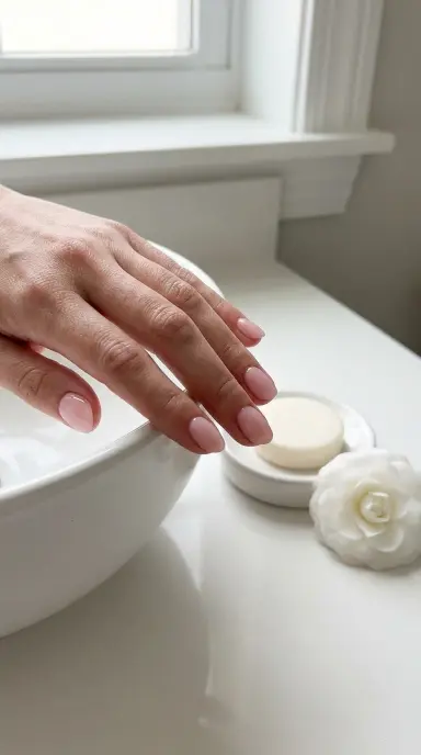 A close up editorial photograph of a woman's hand with perfectly groomed short oval nails painted in a translucent bubble bath inspired sheer pink shade with a high gloss finish