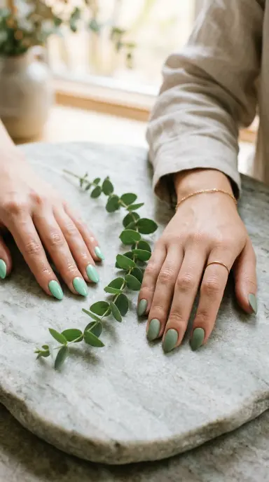 A close up editorial photograph of a woman's hand with short almond nails painted in a muted sage green shade with a satin finish