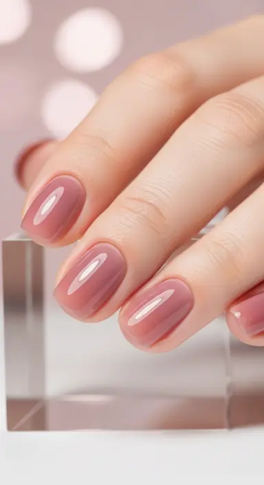 A close up macro photograph of a woman's fingers with translucent jelly finish nails in a soft sheer mauve and rosy pink shade