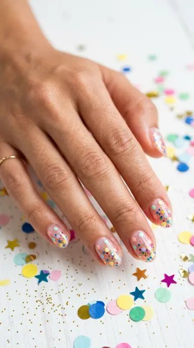A close up macro photograph of a woman's hand with short oval nails featuring a confetti inspired nail art design