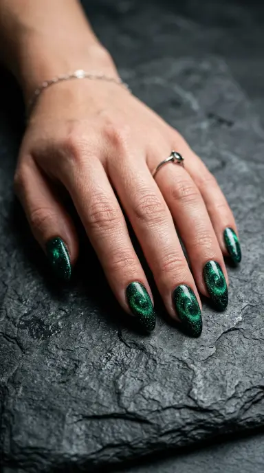 A dramatic close up macro photograph of a woman's hand with dark jewel toned cat eye nails