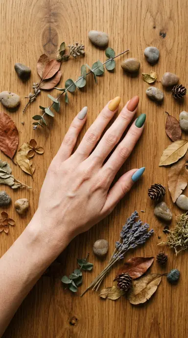 A flat lay editorial photograph of a woman's hand with medium length almond nails