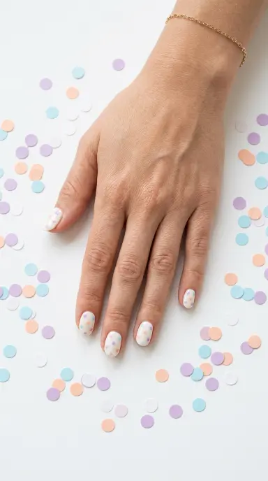 A flat lay editorial photograph of a woman's hand with short oval nails in a creamy white base