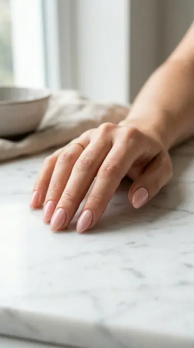 A lifestyle beauty photograph of a woman's hand with elegantly shaped short almond nails painted in a soft blush pink glossy shade