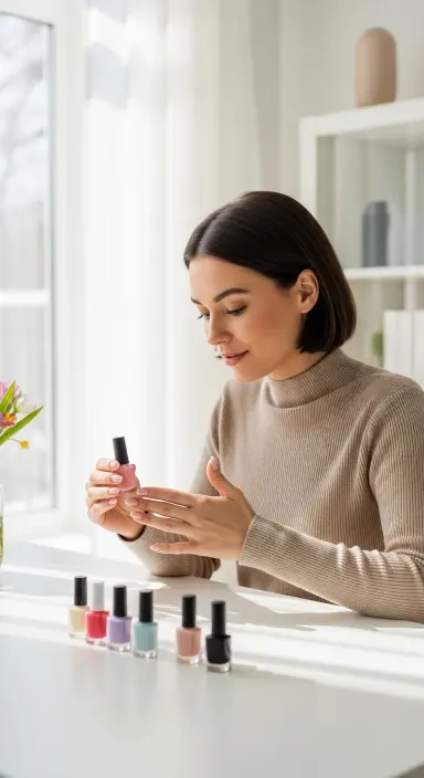 A lifestyle editorial photograph of a young woman sitting at a bright, naturally lit vanity table examining her freshly manicured short almond shaped nails