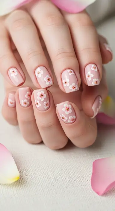 A macro beauty photograph of a woman's hand with pale blush pink nails featuring tiny hand painted floral nail art in white and soft coral