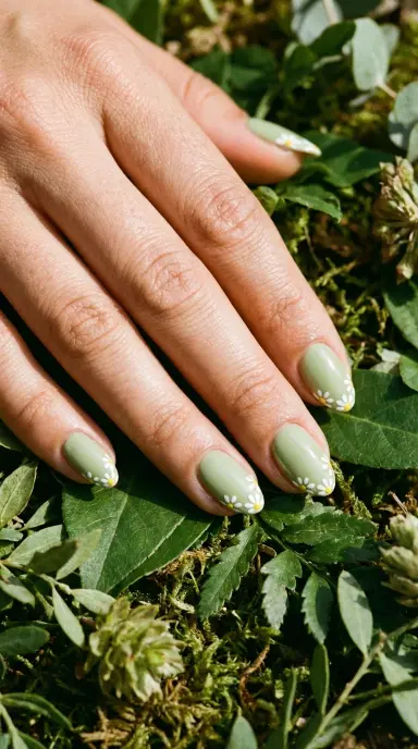 A macro beauty photograph of a woman's hand with short almond nails painted in a soft matcha green base