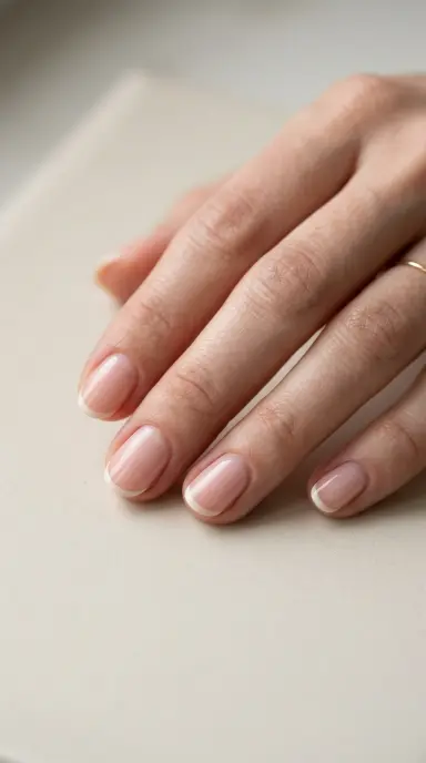 A macro close up beauty photograph of a woman's hand with short oval nails featuring an ultra thin micro French tip in soft white