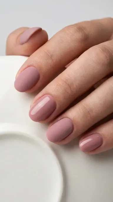 A macro close up photograph of a woman's hand with short oval nails all painted in the same soft dusty rose shade