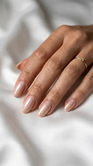 A macro editorial photograph of a woman's hand with medium length oval nails painted in a skin tone matching nude shade finished with a soft pearlescent shimmer top coat