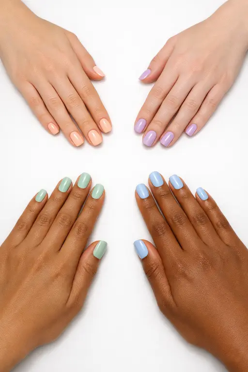 A professional flat lay showing four different hands with varying warm, cool, olive, and neutral skin tones