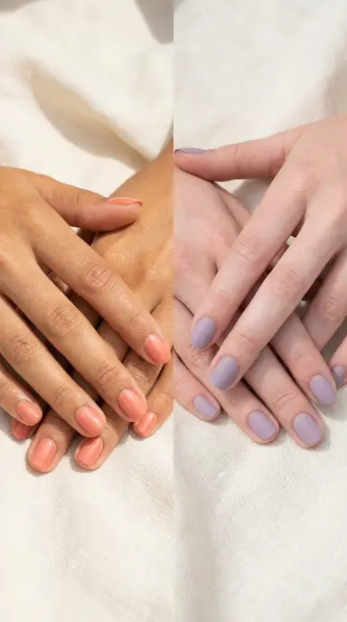 A split-composition beauty photograph showing two women's hands side by side on a soft cream background
