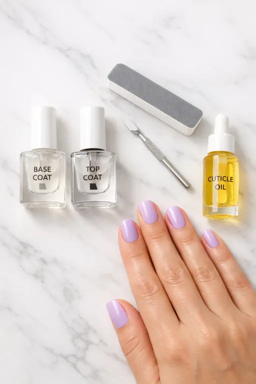 A styled beauty flat lay showing nail care essentials including a base coat bottle
