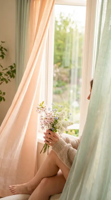 A woman sitting by an open window with natural morning light