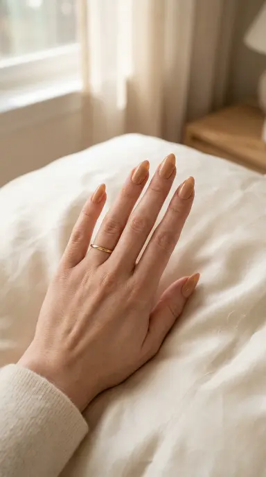 Clean and elegant close-up of a woman's hand with medium almond nails painted in a warm honey-nude beige
