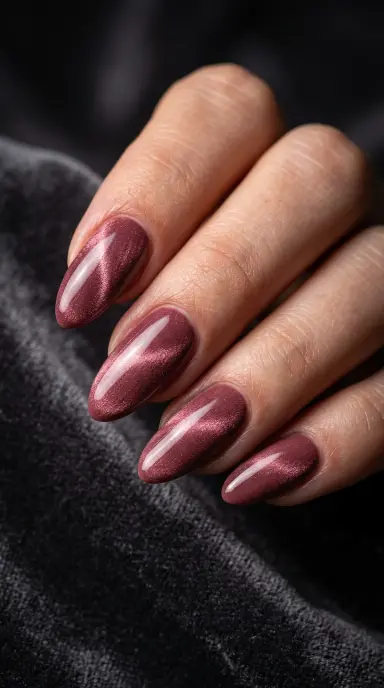 Close-up macro of medium almond nails with a magnetic cat-eye velvet finish in a deep dusty rose