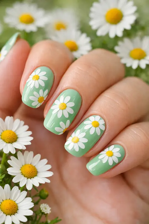 Close up macro photograph of a woman's hand with mint green gel nails