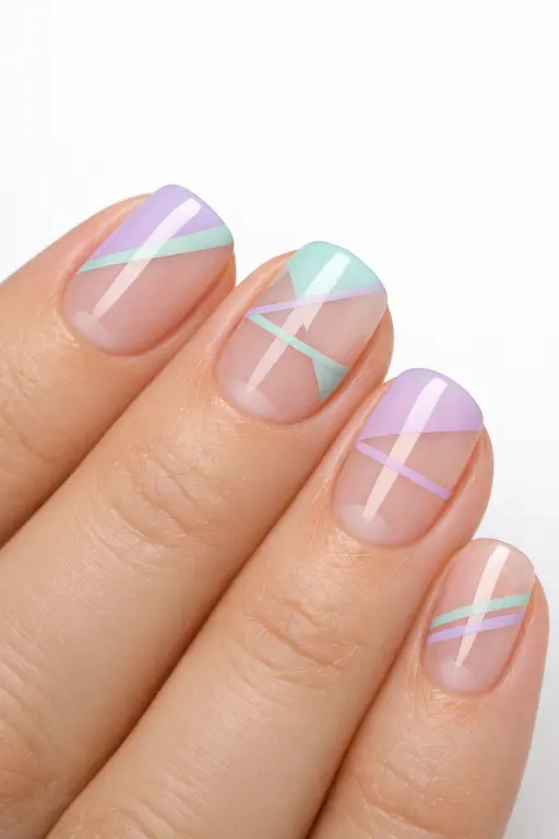 Close up macro photograph of a woman's hand with pastel negative space nail art