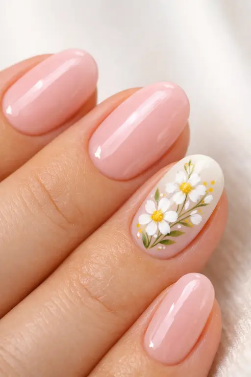 Close up macro photograph of a woman's hand with soft blush pink nails