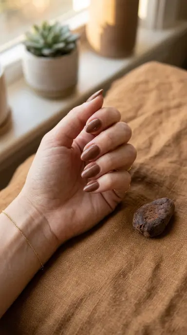 Close-up of a woman's hand with medium almond nails painted in a warm milky chocolate brown