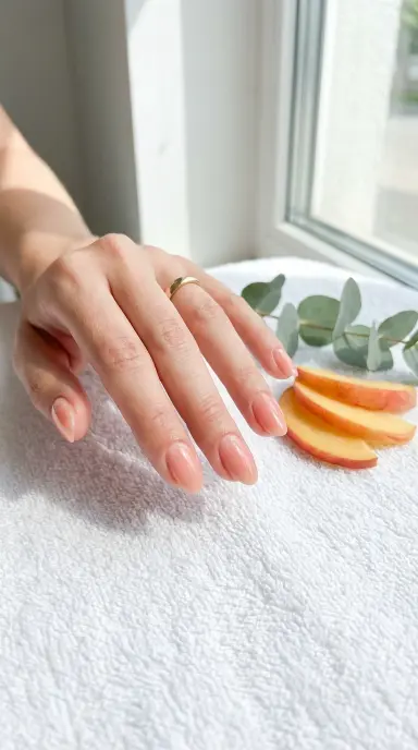 Close-up of a woman's hand with medium-length oval nails in a soft peachy-sheer gel finish