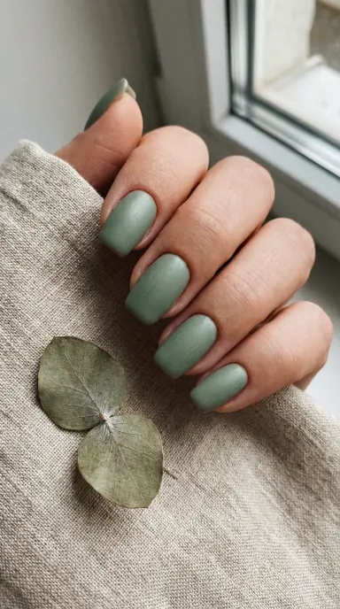 Close-up of a woman's hand with medium-length squoval nails painted in a muted sage green