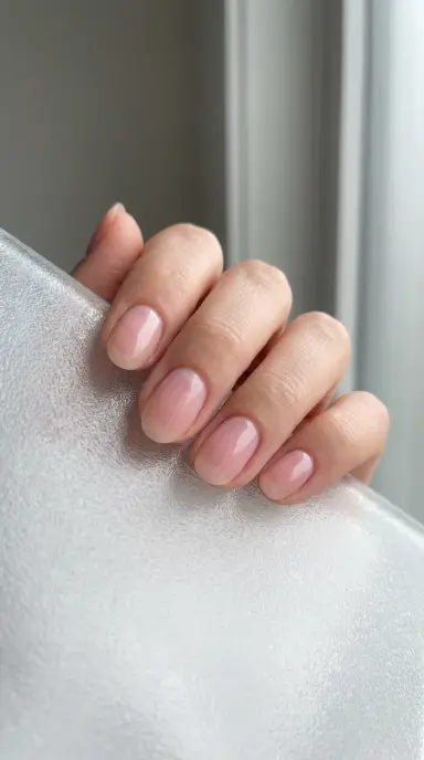 Close-up of a woman's hand with short oval nails coated in a translucent milky sheer pink polish