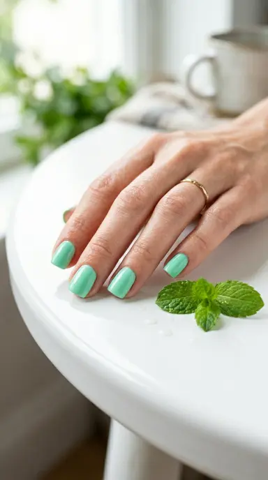 Close-up of a woman's hand with short square nails painted in a fresh mint green
