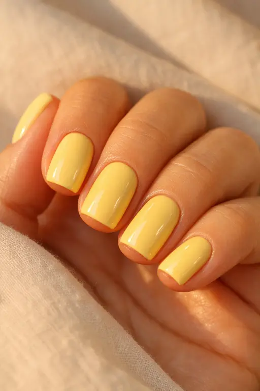 Close up photograph of a woman's hand with a full coverage butter yellow cream gel manicure on short to medium square nails