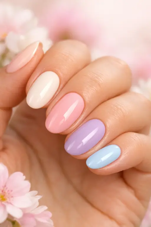 Close up photograph of a woman's hand with an elegant pastel manicure