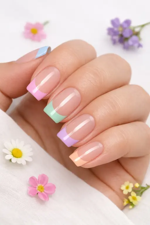 Close up photograph of a woman's hand with multicolor pastel French tips