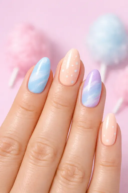 Close up photograph of a woman's spread hand displaying a cotton candy inspired nail set
