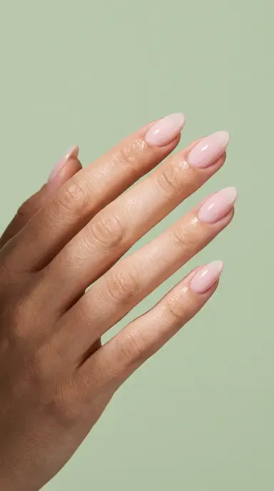 Close-up studio photograph of a woman's hand elegantly posed against a pale sage green background