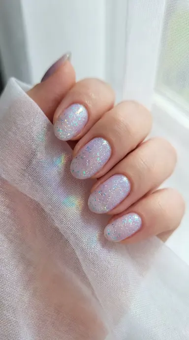Extreme close-up macro of oval nails painted in pale lilac with ultra-fine iridescent shimmer particles catching the light