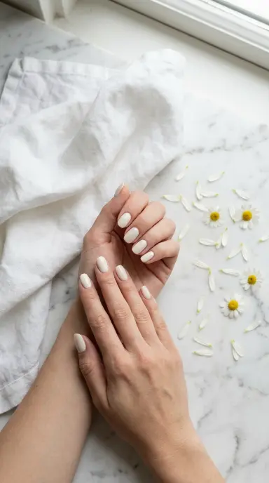 Flat lay of a woman's hands resting on a white marble surface, nails painted in a soft off-white cream