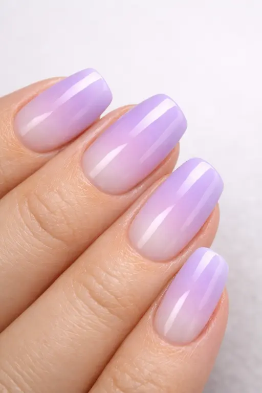 Macro beauty photograph of a woman's hand displaying a pastel ombre gradient manicure blending lavender into soft white from the base to the tip of each nail