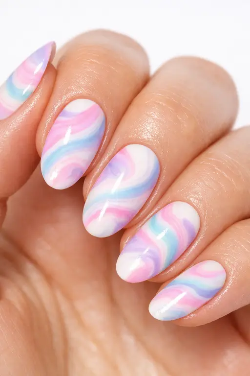 Macro beauty photograph of a woman's hand displaying abstract pastel tie-dye nail art