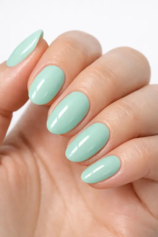 Macro beauty photograph of a woman's hand with a clean, minimalist mint green gel manicure on short almond shaped nails