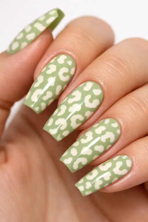 Macro beauty photograph of a woman's hand with a matcha pastel green base