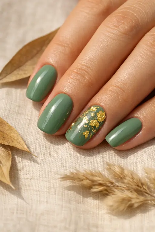 Macro beauty photograph of a woman's hand with sage green gel nails accented by delicate gold foil leaf flecks