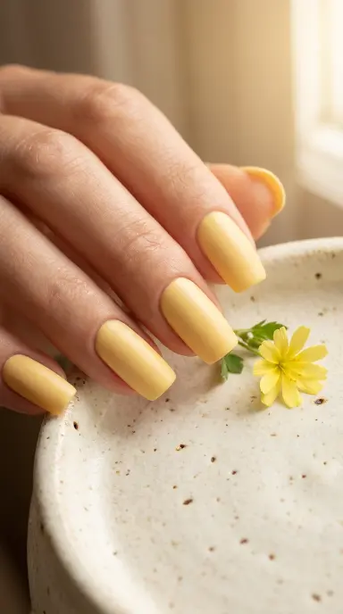 Macro beauty photograph of square-tipped nails painted in a creamy warm butter yellow