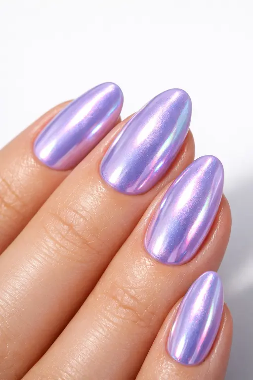 Macro close up of a woman's hand with a pastel chrome finish manicure in lavender