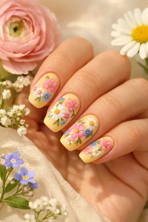 Macro close up of a woman's hand with butter yellow nails featuring intricate hand painted floral designs