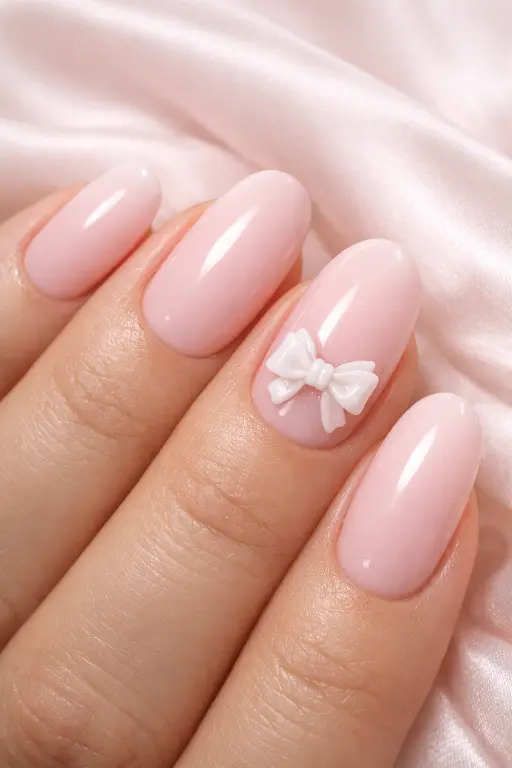 Macro close up of a woman's hand with pale pink gel nails