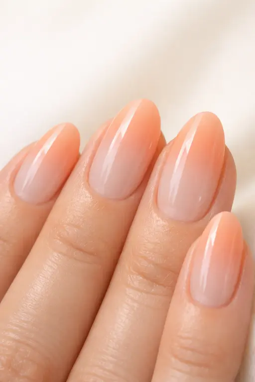 Macro close up of a woman's hand with pastel peach ombre tip nails