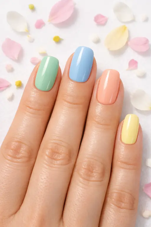 Macro close up of a woman's spread hand showing five nails each painted in a different pastel shade